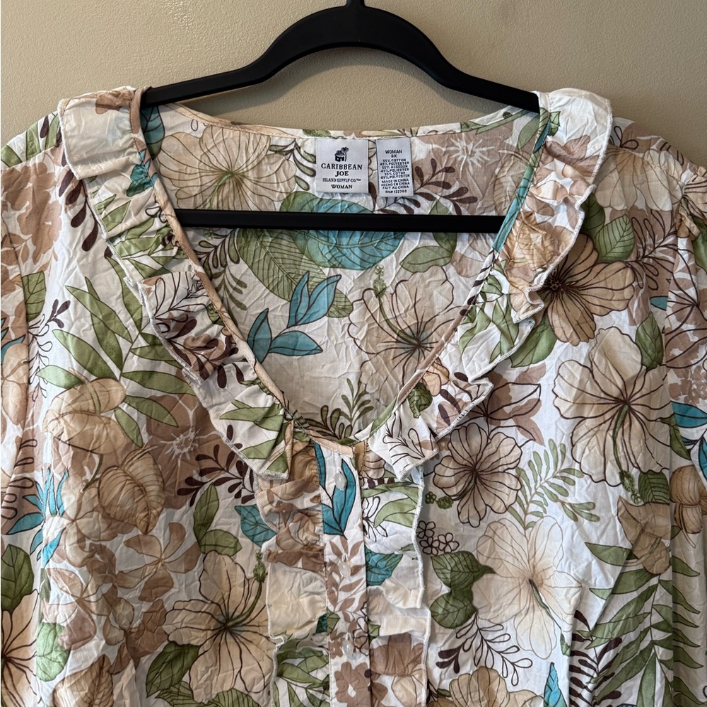 Caribbean Joe Cream w/Brown/Turquoise/Green/Tan Tropical Floral Print Top - Picture 4 of 12